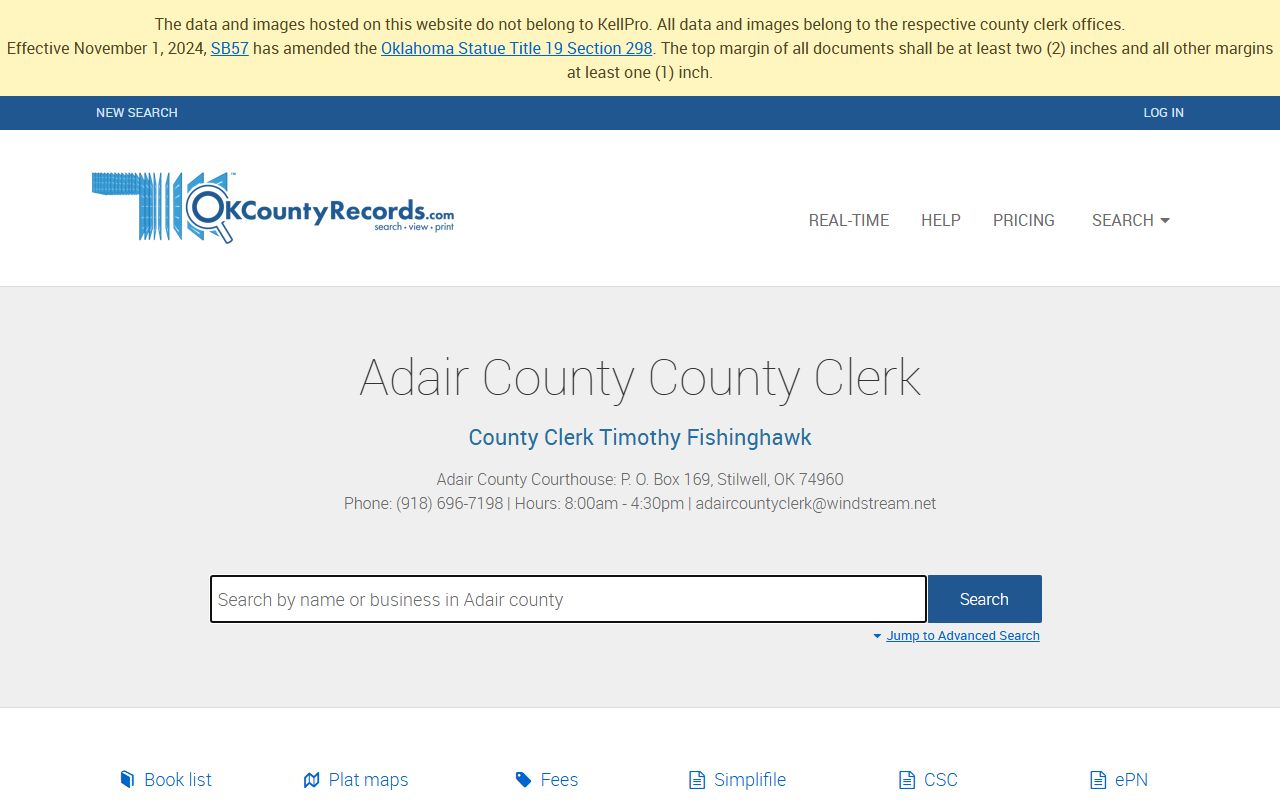 Adair County Probate Court Records search portal on OKCountyRecords.com