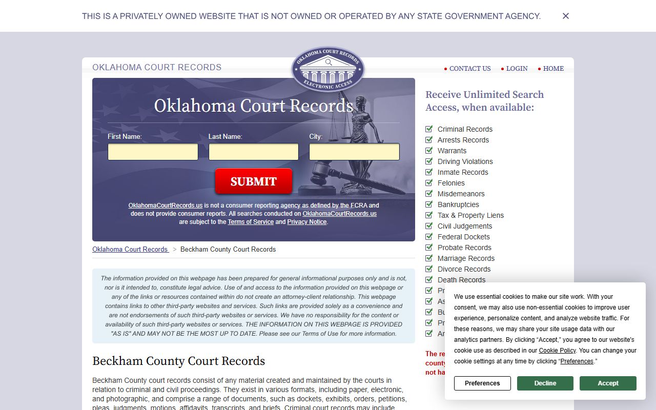 Beckham County Probate Court Records and land records search portal