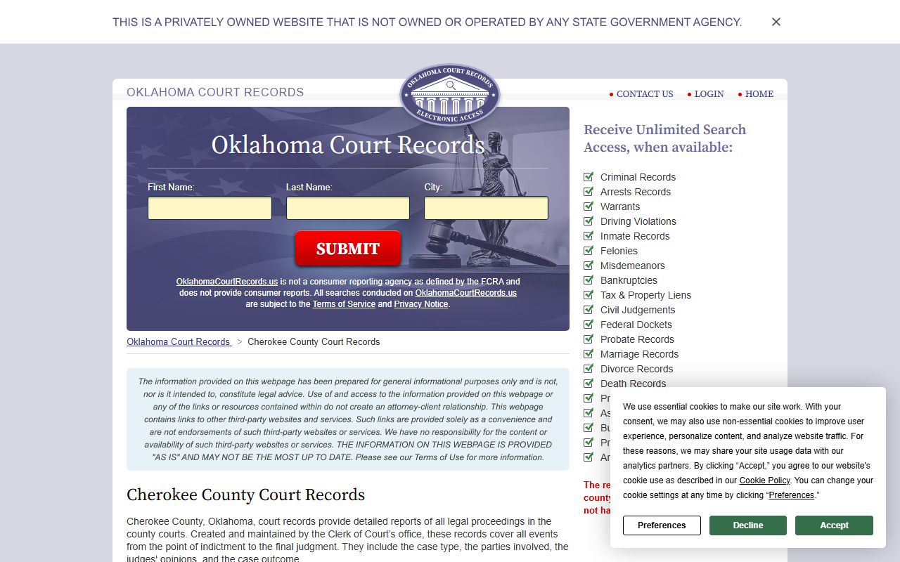 Cherokee County Probate Court Records search portal for Tahlequah district court cases