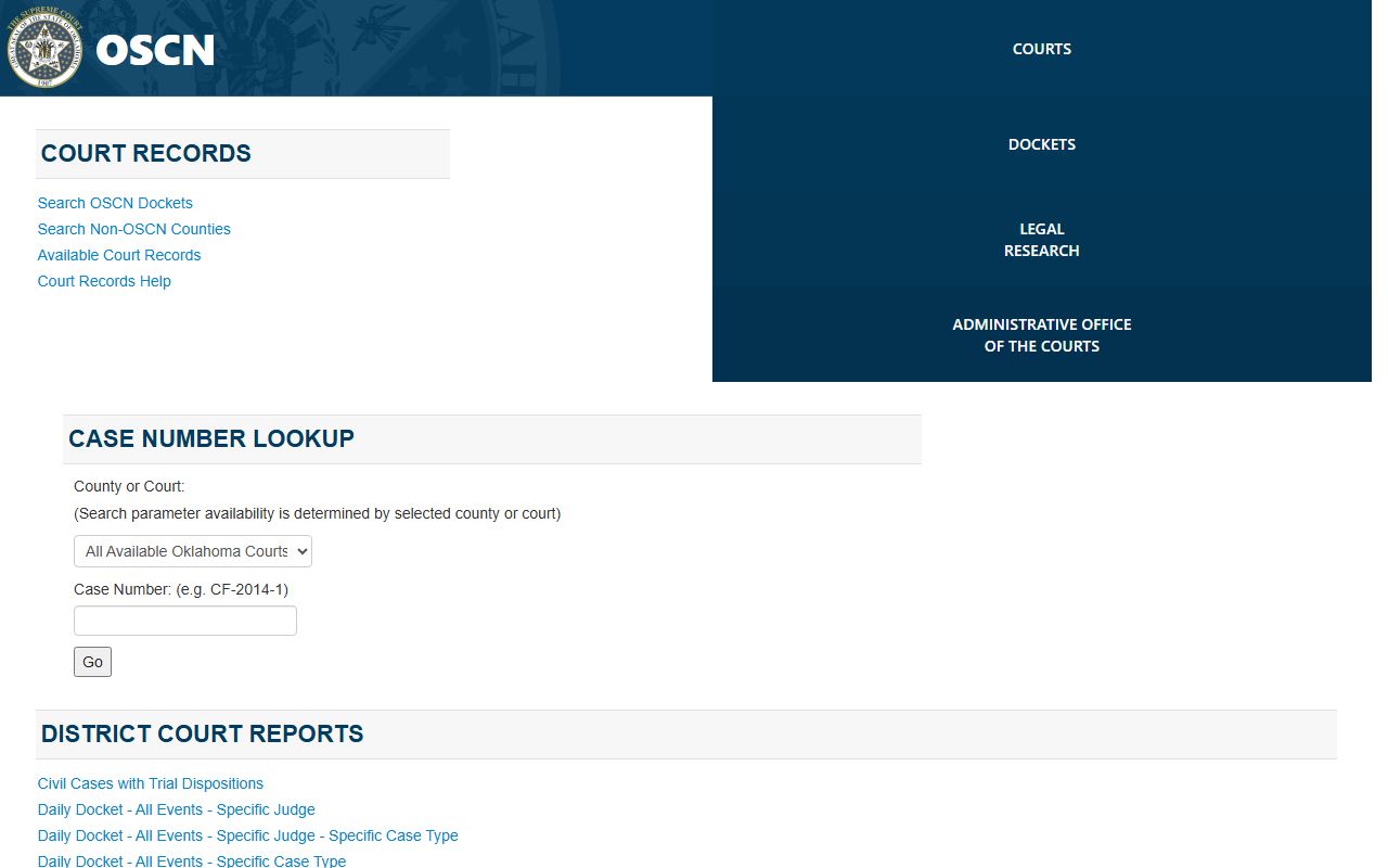 OSCN Dockets Homepage for Oklahoma Probate Court Records